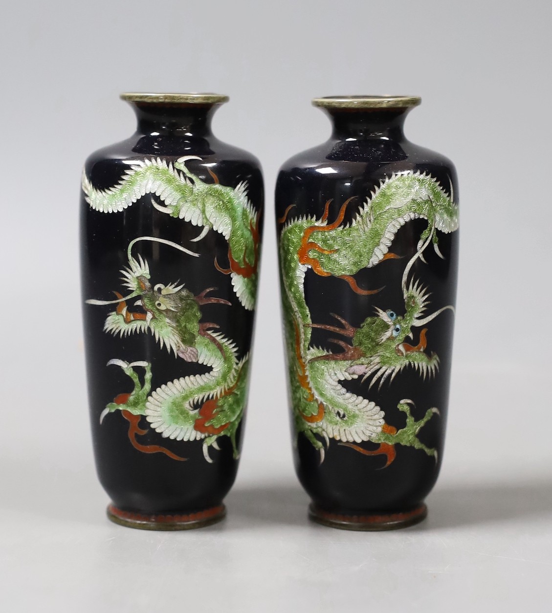 A pair of Japanese cloisonné and ginbari enamel ‘dragon’ vases, 11.5 cm